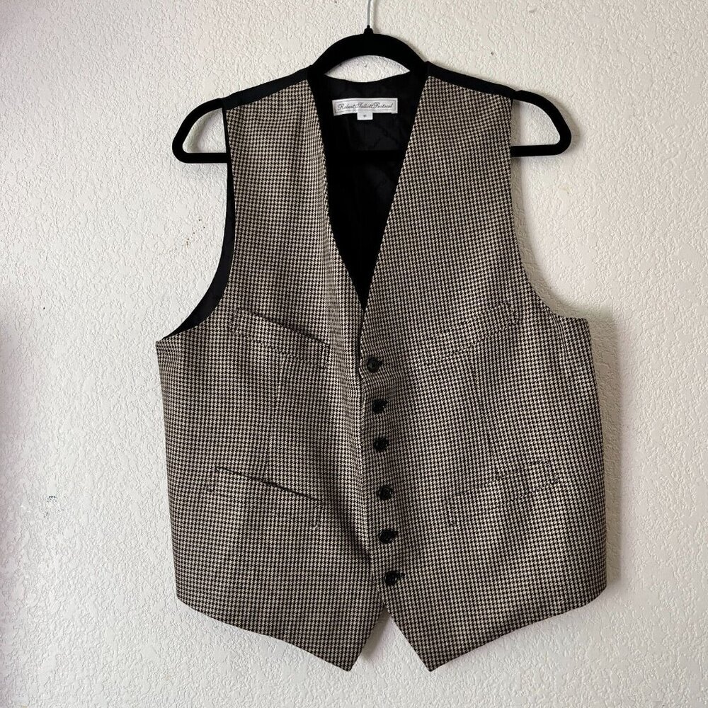 Robert Talbott Protocol Men Medium V-Neck Houndstooth Vest Waistcoat Brown/Black